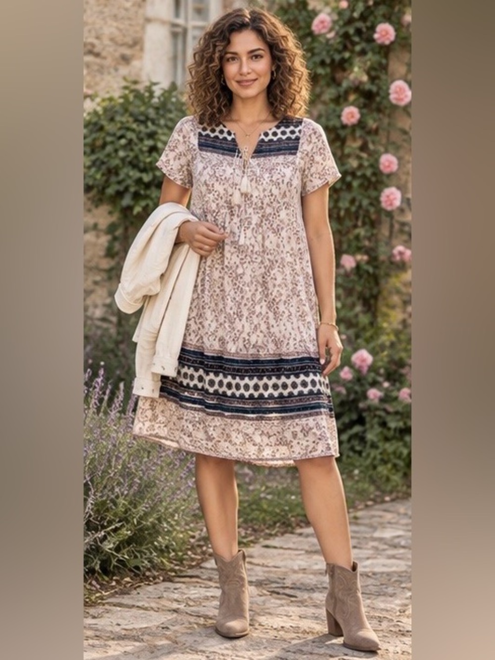 Old Navy Cotton Boho Floral Border Print Cottagecore Shift Dress Size Medium